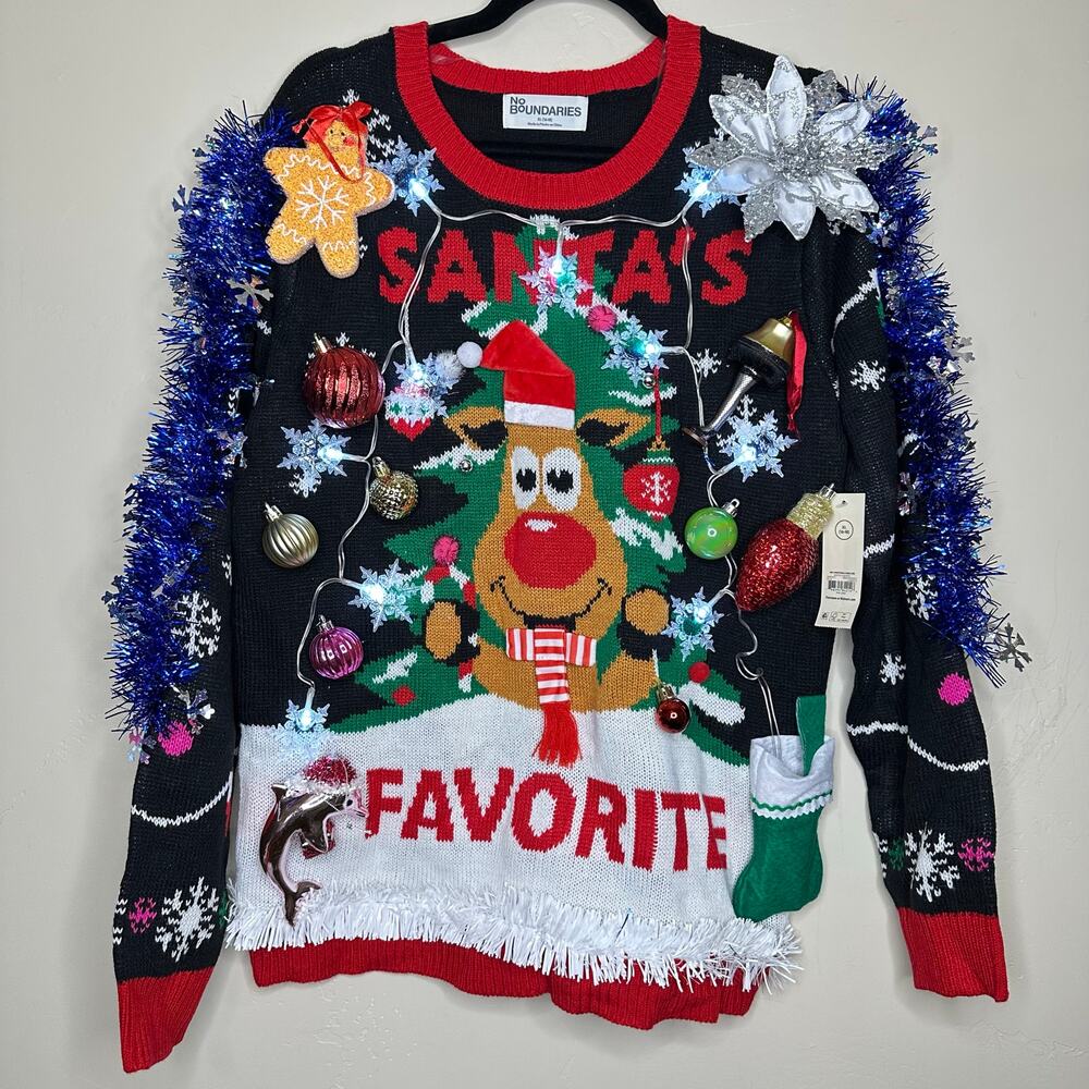 Ugly Christmas Sweater Reindeer LIGHTS UP Tinsel Xmas Party Winner Size Large